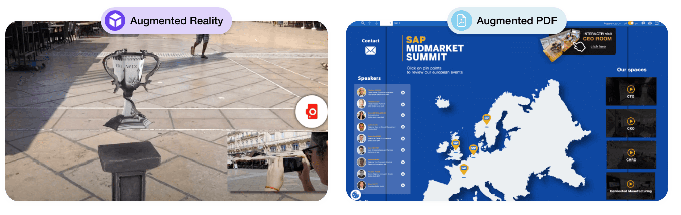 event Original virtual presence with ARGOplay, the native augmented reality app for events, flyer, maps and hologram of a man.